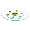 Double layer rotatable round glass.Golden aluminum plate,The rotatable design makes it convenient to retrieve and place items.The upper glass has a diameter of 24 inches, the lower glass15 inches.