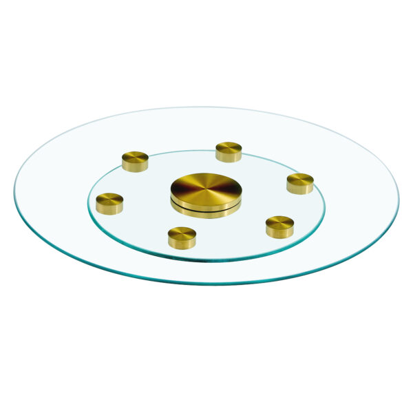 001e1662e9af4d2181ccd73183a86fa2_ab940fd88a44257e97e4a2b586dd103f Double layer rotatable round glass.Golden aluminum plate,The rotatable design makes it convenient to retrieve and place items.The upper glass has a diameter of 24 inches, the lower glass15 inches.