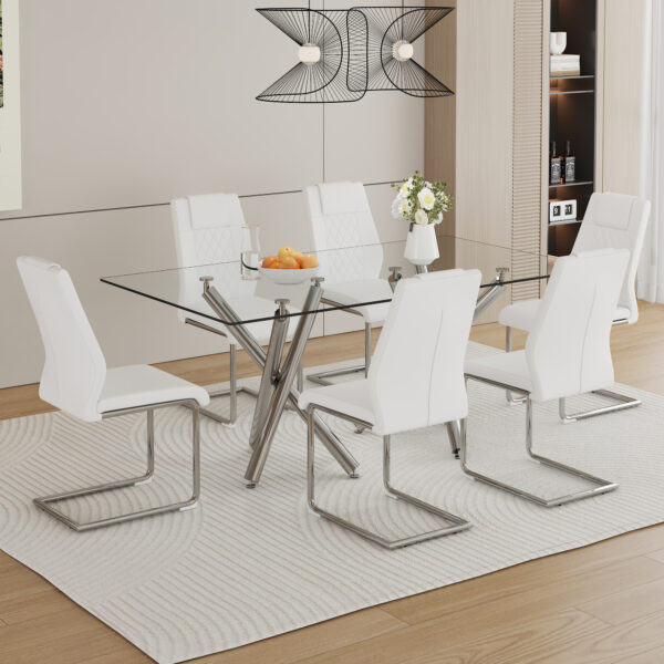 00324af0a5024b4fb5047e826b3df8bd_6f563e4a9daf1ba57c044acc9d888b23 Table and chair set.71''*35.4'' Inch Modern Luxurious Transparent Tempered Glass Dining Table Set with 6 Chairs.Double Fork Silver Metal Table Legs.White High-quality PU Dining Chairs.