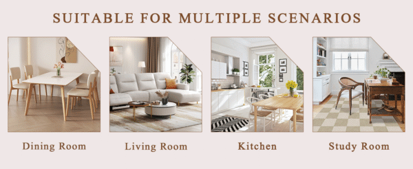 Table and chair set.A retro rectangular dining table with a wood color fishbone textured top and black metal legs.Paired With 4 Brown technology fabric chairs with Featuring arched black legs.