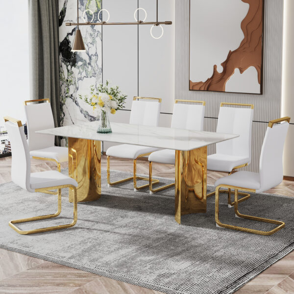 006004c4220a4491a5cdec652e0fcb24_20231122_63894830c22a1103c3baa3b742f81531 Modern minimalist dining table. The white imitation marble glass desktop is equipped with golden metal legs. Suitable for restaurants and living rooms 71 "* 39.3" * 29.5 "DT-69