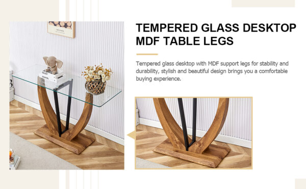 00935cdc1ba045e9b01d1dfb850c9aeb_2fa3e680c0b0c93bbea5b7daae67b8d6 Modern minimalist rectangular glass table with 0.39 "tempered glass top and MDF wood grain sticker legs, suitable for entrance and living room.