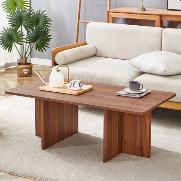 009b5cac345e48b2a7027d56e367c148_3695e9f6f846cb9fb30d4f4d9322bcb1 44.8 Inch Walnut Wood Grain MDF Coffee Table - Modern Luxury, Stable Triangular Support.The coffee table is made of medium density fiberboard material and is suitable for living rooms, bedrooms,etc.