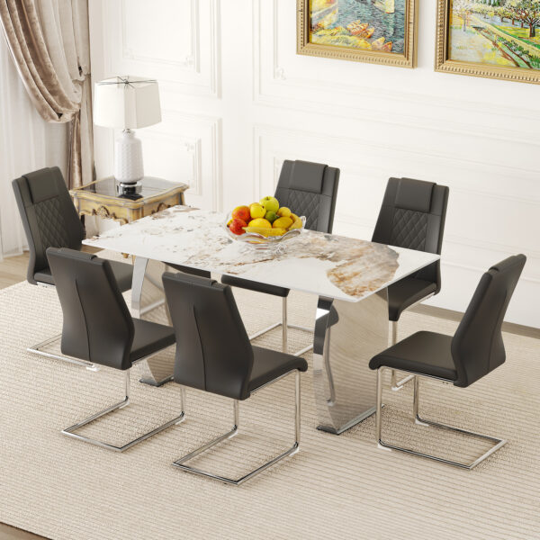 009cdd6772b6486f9874bd791af827f4_36fbdae1d9a147dff0f29b8feeff5dff Table and chair set.63*31.4 Inch Pandora Patterned Sintered Stone Dining Table Set - 6 Black Chairs With Silver Metal Legs.Modern Light Luxury.Perfect For Dinner Room,Meeting Room,Kitchen,etc.