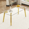 71 * 35.4 inch rectangular dining table. The transparent tempered glass tabletop is paired with golden 7-shaped metal table legs, showcasing a minimalist texture. Suitable for various places.