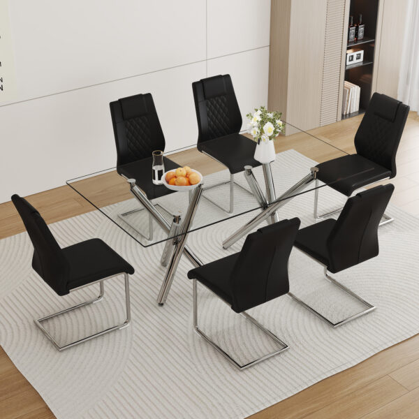 00b12c03fcc542efa6762940173dcdc4_70c00c2f38d04b3a74eac2daed9e79da Table and chair set.71''*35.4'' Inch Modern Luxurious Transparent Tempered Glass Dining Table Set with 6 Chairs.Double Fork Silver Metal Table Legs.Black High-quality PU Dining Chairs.