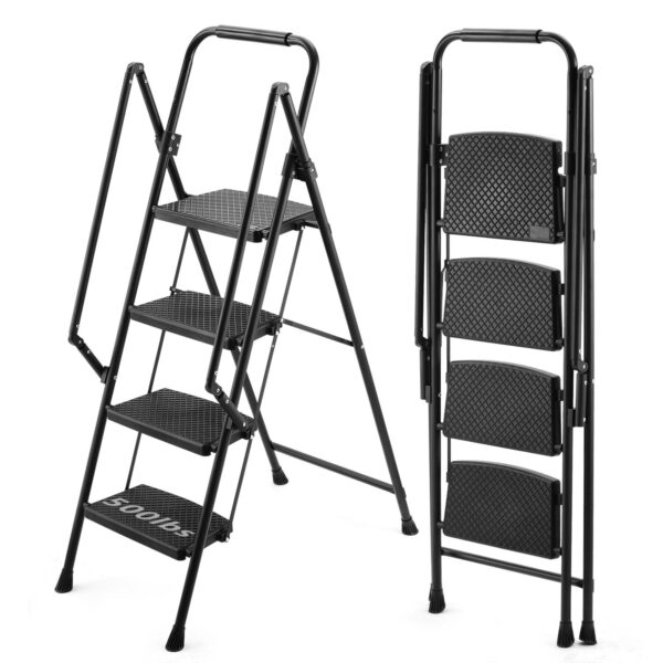 00ba527a29e64f9199c7db0e6c754b09_3f4c8d4fdbdb61b20bda0a87d8c867f1 Four step ladder, lightweight folding four step stool, wide anti slip pedal and safety handle, sturdy steel ladder, multi-purpose step ladder, suitable for home, kitchen, and office elevators