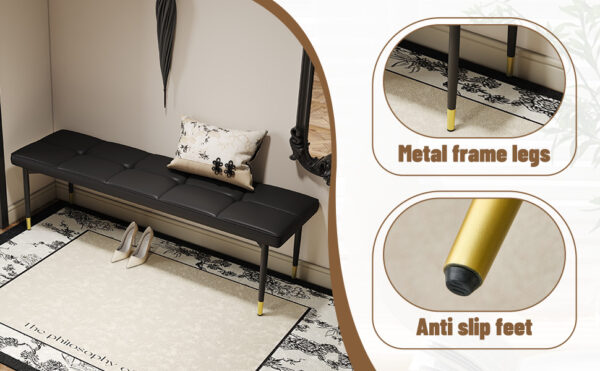 00ebe9ebc82a475baa25f603de1cf574_20e4c085e584c27b0500136bf97172b5 59*17 Inch Multifunctional Black Shoe Bench - Faux PU Cushion, Sturdy Metal Legs With Gold Accents.Suitable For Bedroom,Fitting room, Storage room, Dining room, and Living room,etc.