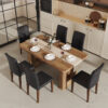 Table and chair set.64.5 x 35.4 Inch Stylish Wood Color Textured Dining Table.Perfectly Blending Simplicity And Transparency.Paried With 6 Black PU Dining Chairs with Walnut Color Metal Leg.