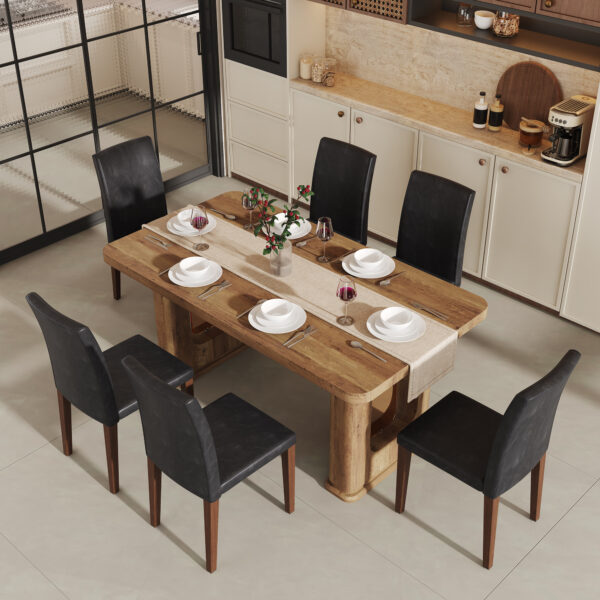 01153773009348bf835d231b7fe1ac54_5237a68e65b9c0d21c755db3030e33ad Table and chair set.64.5 x 35.4 Inch Stylish Wood Color Textured Dining Table.Perfectly Blending Simplicity And Transparency.Paried With 6 Black PU Dining Chairs with Walnut Color Metal Leg.
