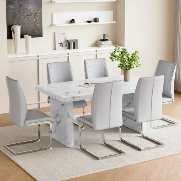 0125e181d9b4450d80a56340515a3dbd_934e98a3e4383b45521b860ae892e42e Table and chair set.63"*35.4" White Imitation Marble Pattern MDF Dining Table Set - 6 Soft and Comfortable Light Gray PU Chair With Arched Metal Silver Leg.Create Your Exclusive Low-Key Luxury Space.