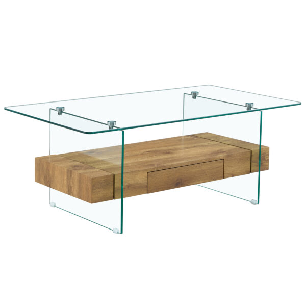 012f2faa450b48df9d88d3f73661f6f9_321fa6a17d0c2d24c82877faef1fb743 43.3 Inch Modern Two-Tier Coffee Table - Clear Tempered Glass and Natural Wood Grain, Multifunctional Storage Design.The bottom tier includes a drawer.Can be used as a coffee table,side table,etc.