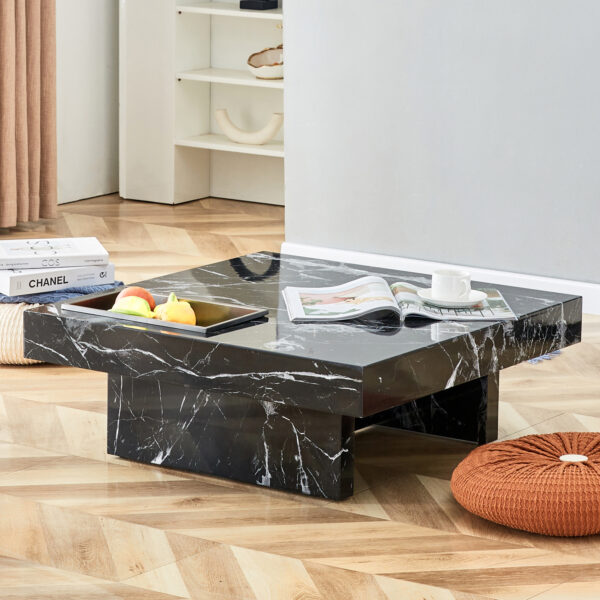 A modern and practical coffee table made of MDF material with black patterns. The fusion of elegance and natural fashion  31.4"*31.4"*12"