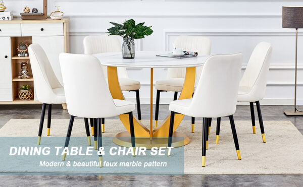 013c74edc3fe43cd808a512960c52494_471c3d2f15d7eca95fd377bf90d422be Table and chair set.Luxurious Snow Mountain White Slab Round Dining Table Set - 47"x47" with 6 White PU Chairs.Sintered Stone Tabletop,MDF Table Leg,