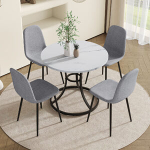 Table and chair set.A Modern Minimalist Circular Dining Table With A Diameter Of 33.3 Inches.Paired With 4 Light Gray Linen-Cotton Material High Resilience Dining Chair with Metal Leg.