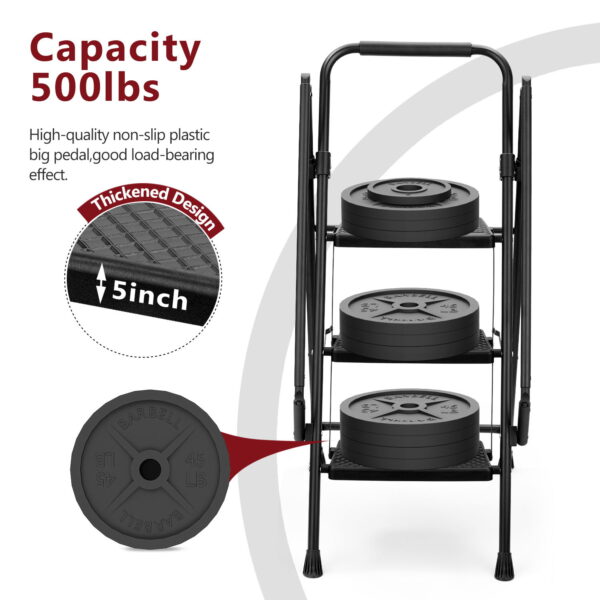 017a04258147490199ea974b85ab47ac_850cf521ac0f9814749436aed1226f46 Four step ladder, lightweight folding four step stool, wide anti slip pedal and safety handle, sturdy steel ladder, multi-purpose step ladder, suitable for home, kitchen, and office elevators