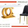 Table and chair set.Subtle Luxury Tempered Glass Dining Set - 63"x35.4" with 4 Black PU Chairs.Metal Gold Chair Leg.White imitation marble texture sticker Tabletop. OC-Shaped MDF Table Leg.