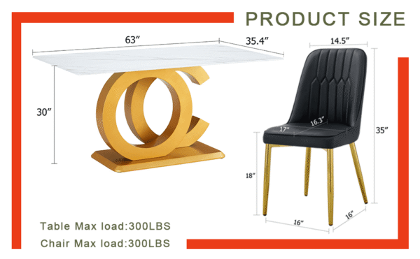 017f0ce762d34f928e893cd575f7e828_ece920be5723eb89255a2f216fa31c03 Table and chair set.Subtle Luxury Tempered Glass Dining Set - 63"x35.4" with 4 Black PU Chairs.Metal Gold Chair Leg.White imitation marble texture sticker Tabletop. OC-Shaped MDF Table Leg.