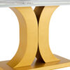 A modern minimalist dining table. Imitation marbled glass tabletop. Gold MDF table legs for kitchen and living room