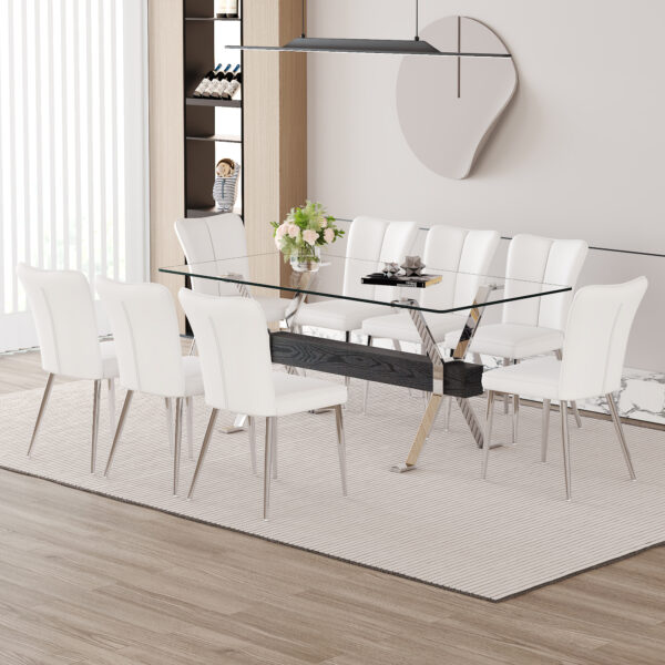 01ad46dd28204554966ad8ef9680b868_aee2a3f782caba69837adf79d82e7463 Table and chair set.Elegant Transparent Tempered Glass Dining Set - 71"x35.4" with 8 White PU Chairs with a vertical stripe design on the backrest.