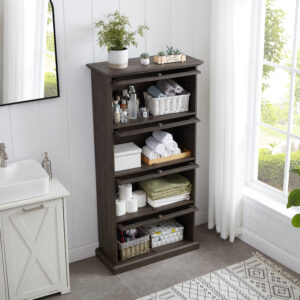 4 Tier Glass Display Cabinet for Living Room Stylish Storage Curio Cabinet with Flip Up Glass Doors Perfect Collectors Showcase Toy Figure Organizers Rack Elegant Bookcase- BROWN