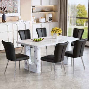 Table and chair set.64.5x35.4 Inch Stylish White Marble Textured Dining Table.Paried With 6 Black PU Chairs with a vertical stripe design on the backrest.Create Your Exclusive Low-Key Luxury Space.