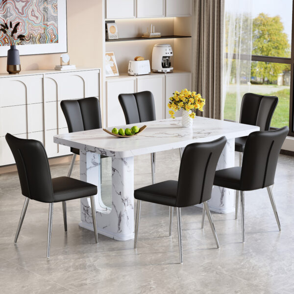 01c4f861164546d5b61a16f40523fe0e_6a514b13691c0634d9a256f994343785 Table and chair set.64.5x35.4 Inch Stylish White Marble Textured Dining Table.Paried With 6 Black PU Chairs with a vertical stripe design on the backrest.Create Your Exclusive Low-Key Luxury Space.