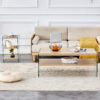 Double layered rectangular coffee table.The board is made of MDF with wooden stickers, with transparent tempered glass on both side.Suitable for various occasions such as living rooms and bedrooms.