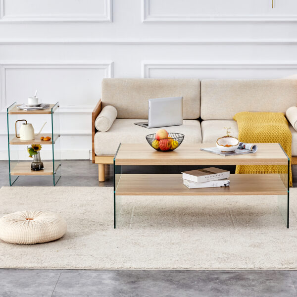 Double layered rectangular coffee table.The board is made of MDF with wooden stickers, with transparent tempered glass on both side.Suitable for various occasions such as living rooms and bedrooms.