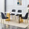 Table and chair set.63"x31.5x30" Luxurious Snow Mountain Patterned Sintered Stone Table with Stainless Steel Butterfly Legs.Paried With 4 White PU Chairs with Simple Line Designs On The Backrest.