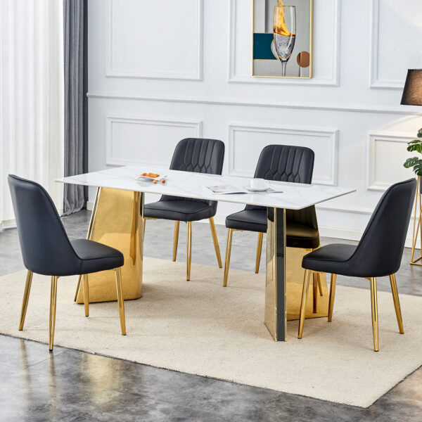 020513b24e50403eabd28ae502e94b5d_44af73bf7dd04253d897b9ddf0a9d783 Table and chair set.63"x31.5x30" Luxurious Snow Mountain Patterned Sintered Stone Table with Stainless Steel Butterfly Legs.Paried With 4 White PU Chairs with Simple Line Designs On The Backrest.