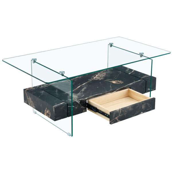 021636070b1b4f1591ca038a76eb2845_1fc808712258d7ab2ee26c518803956d 43.3 Inch Modern Two-Tier Coffee Table - Clear Tempered Glass and Black Marble Texture, Multifunctional Storage Design.The bottom tier includes a drawer.Can be used as a coffee table,side table,etc.