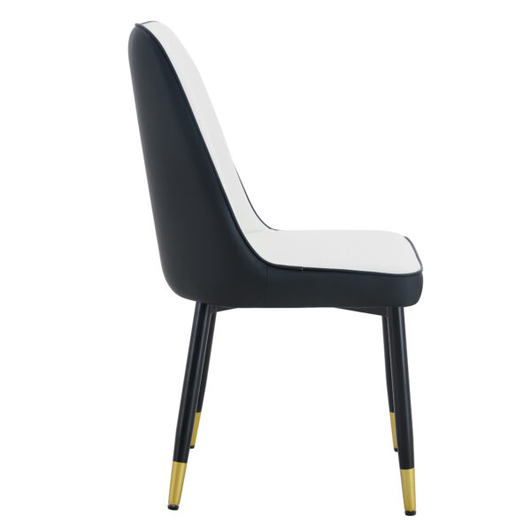 021be7b4ce4c4ab8bed061002b654cba_63f565ccbe3cf2c9b4c10b766c810143 Modern Two-Tone PU Dining Chairs - White and Black spliced chairs With Gold Decorated Legs.White and Black spliced,Black Metal Legs,Set of 4 chairs.