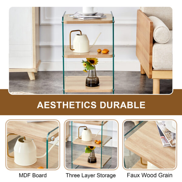 Three layer bedside cabinet.The board is made of MDF with wooden stickers, with transparent tempered glass on both side.The design is simple and elegant, with powerful storage function.Storage cabinet