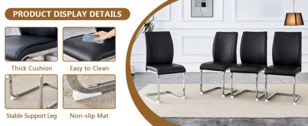 0243c2311d1e44dca2dd0fd1a8484c58_86ebf08f210bb25ee1e9d43db2c4e158 Table and chair set.63"*35.4" White Imitation Marble Pattern MDF Dining Table Set - 4 Soft and Comfortable Black PU Chair With Arched Metal Silver Leg.Create Your Exclusive Low-Key Luxury Space.