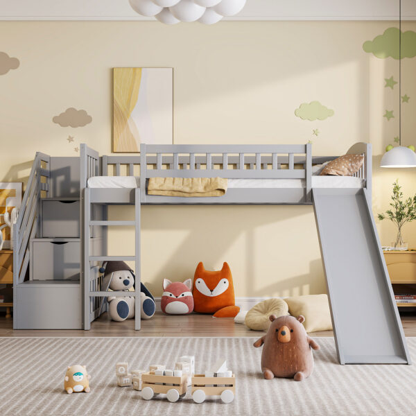 Stairway Twin Size Loft Bed with Two Drawers and Slide,Gray(OLD SKU:LT000515AAE)