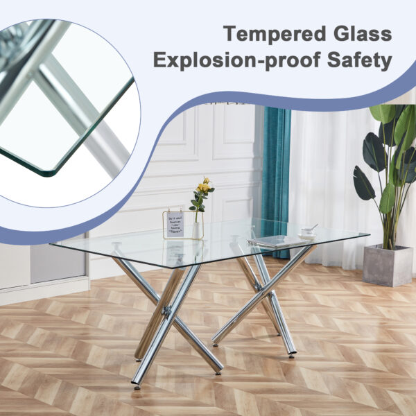 029091640e5646008ba407d169b3e248_cfc09e988495a50b0de7d54497dcb516 Table and chair set.71''*35.4'' Inch Modern Luxurious Transparent Tempered Glass Dining Table Set with 6 Chairs.Double Fork Silver Metal Table Legs.White High-quality PU Dining Chairs.
