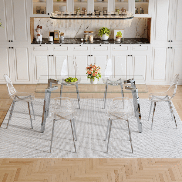 0298c6d3c1d748d8ac8282c57ad558cf_aff127b60240aa2fd09148dc779f99c7 Table and chair set.71 * 35.4 inch rectangular dining table.Tempered Glass Tabletop,Silver 7-shaped Metal Table Legs.Paried With 6 Transparent Plastic Dining Chair with Silver Metal Legs.