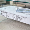 43.3 Inch Modern Two-Tier Coffee Table - Clear Tempered Glass and White Marble Texture, Multifunctional Storage Design.The bottom tier includes a drawer.Can be used as a coffee table,side table,etc.
