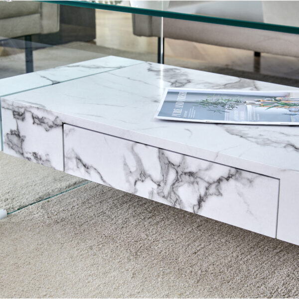 02b99cdcd36945408a251bd21a1e8390_47e9a3332b1d4a3347e6edd3d79c09c0 43.3 Inch Modern Two-Tier Coffee Table - Clear Tempered Glass and White Marble Texture, Multifunctional Storage Design.The bottom tier includes a drawer.Can be used as a coffee table,side table,etc.