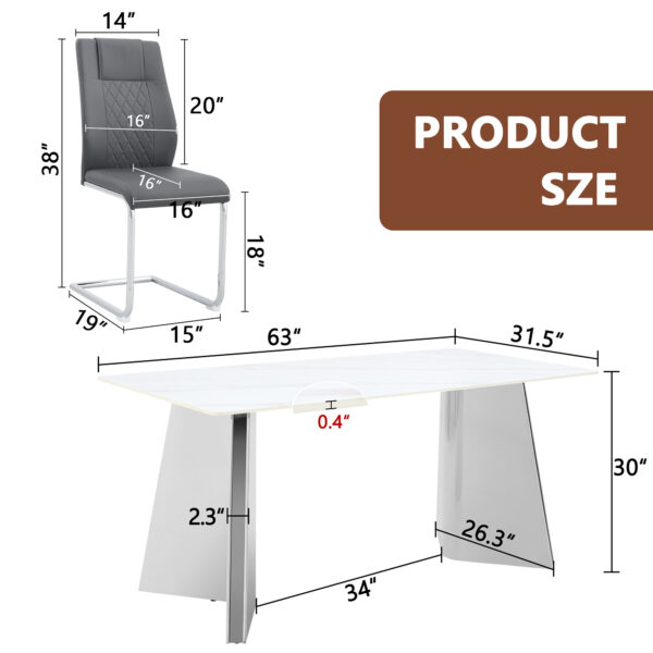 02c4eb82e362476fa0866b30fe45b273_eb27674ed239e2c02c68230169bb0079 Table and chair set.63"x31.5x30" Luxurious Snow Mountain Patterned Sintered Stone Table with Silver Metal Butterfly Legs.Paried With 4 Dark Gray High-quality PU Chairs With Arched Metal Legs.