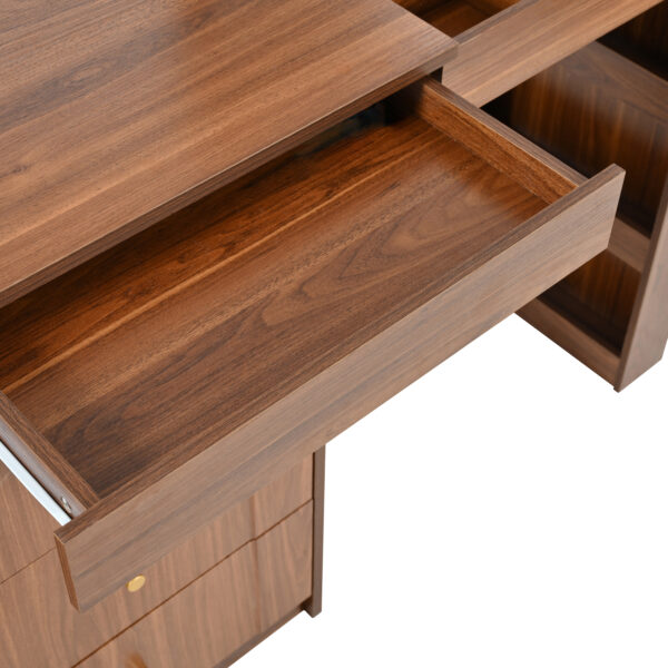 Vanity Desk with Mirror and Lights, Makeup Vanity Table with Flip-Top Tabletop and Storage 7 Drawers, 9 Compartments, 3 Shelves, 3 Color Modes Adjustable Makeup Table for Bedroom, Walnut