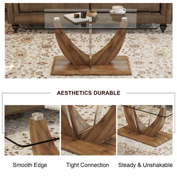 02dc73cb610c41b5a3848a857e1c921d_20240321_4a91b164818b2a48e23fb2519f9d07c4 Modern minimalist transparent tempered glass coffee table with wooden MDF legs and stainless steel decorative columns. Computer desk. Game table. CT-907