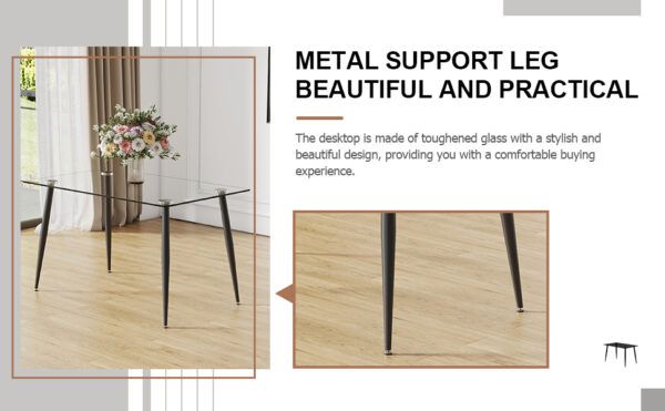 02ddc773dfef480791529c41aa427c73_20240319_c159b147ed916d22f034c72981a1dfa6 Modern rectangular glass dining table, suitable for 4-6 people, equipped with tempered glass tabletop and black metal legs, writing desk, suitable for kitchen, dining room, and living room.W1151S00805