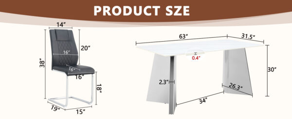 02e859e944674d3db1eecb653ce94bc9_57a1fcf2654a3e8e35a7f6a0b773338b Table and chair set.63"x31.5x30" Luxurious Snow Mountain Patterned Sintered Stone Table with Silver Stainless Steel Butterfly Legs.Paried With 6 Black High-quality PU Chairs With Arched Metal Legs.