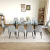 Table and chair set.79"x31.5" with X-shaped Black Metal Table Legs,Wood Grain Textured MDF Crossbeam.Paired With 10 Chairs Made Of Light Gray Lnen Fabric.Iron pipe spraying Legs.