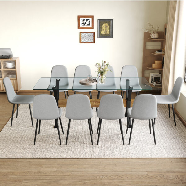 030a6bb7ade342d0b442628464a2b93c_7ddad6d2dd890a0db1b4193573881541 Table and chair set.79"x31.5" with X-shaped Black Metal Table Legs,Wood Grain Textured MDF Crossbeam.Paired With 10 Chairs Made Of Light Gray Lnen Fabric.Iron pipe spraying Legs.