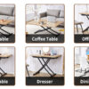Modern minimalist multifunctional lift table with 0.8-inch MFC tabletop and black metal legs, can be used as dressing table, coffee table, dining table, and office desk.  LT-10055