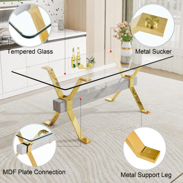 03391b3230274d52abb3a9a7446d2641_20230822_595f53a5cc068ceb0647fbd31bd7356e Dining table. Modern tempered glass dining table. Large modern office desk with gold plated metal legs and MDF crossbars, suitable for both home and office use. Kitchen. 79 ''x39''x30 '' 1105