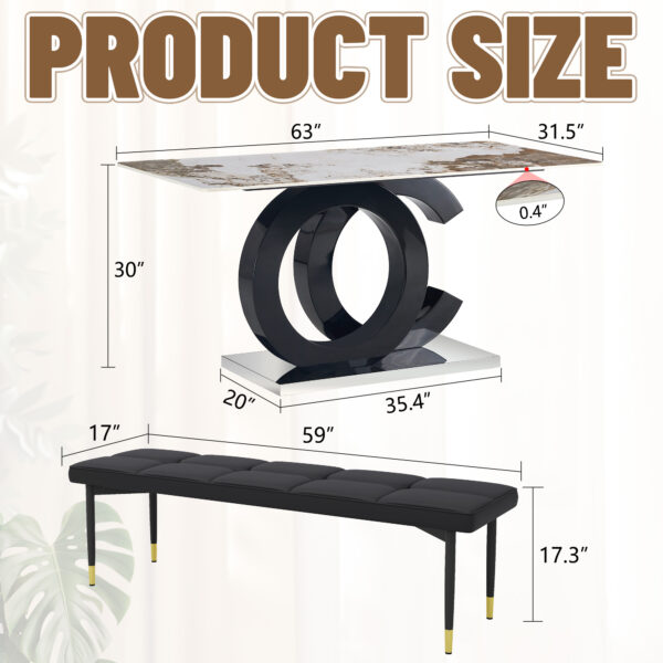 0344cce0840544d7b2eb44503d7f412e_79c42a6d6505adc79f6b7ce400fbcfec Table and chair set.63*31.5 Inch Pandora Pattern Sintered Stone Dining Table Set,MDF material OC shaped bracket,Paired With 2 Benches,A Choice of Subtle Luxury for Modern Homes.
